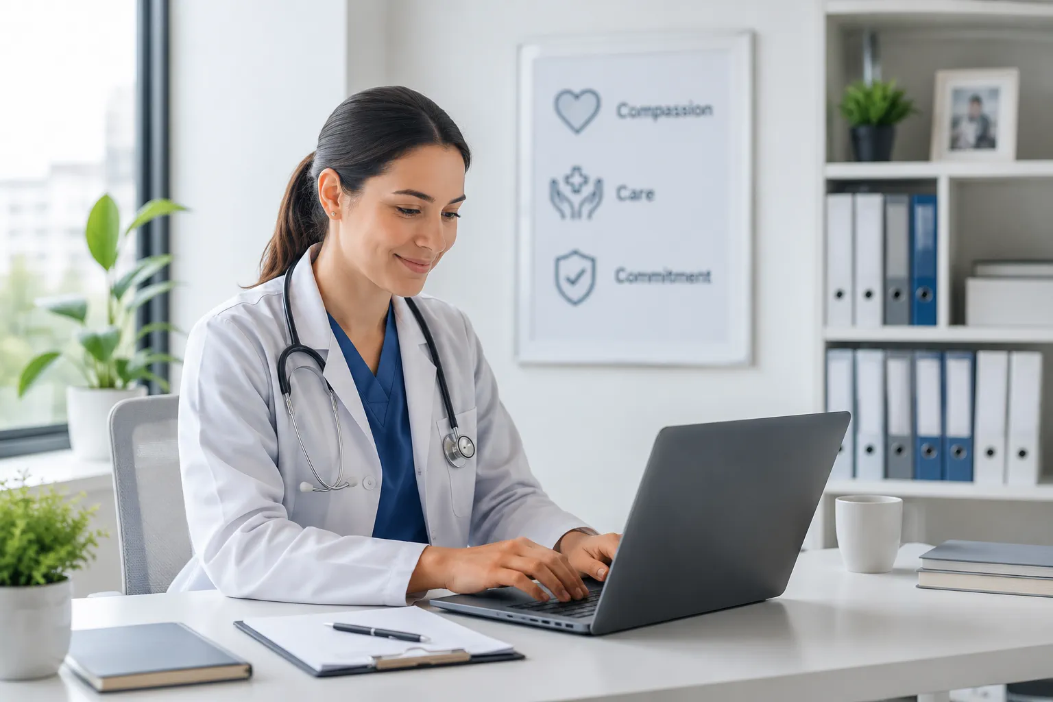 Clinician working on a laptop in a bright office