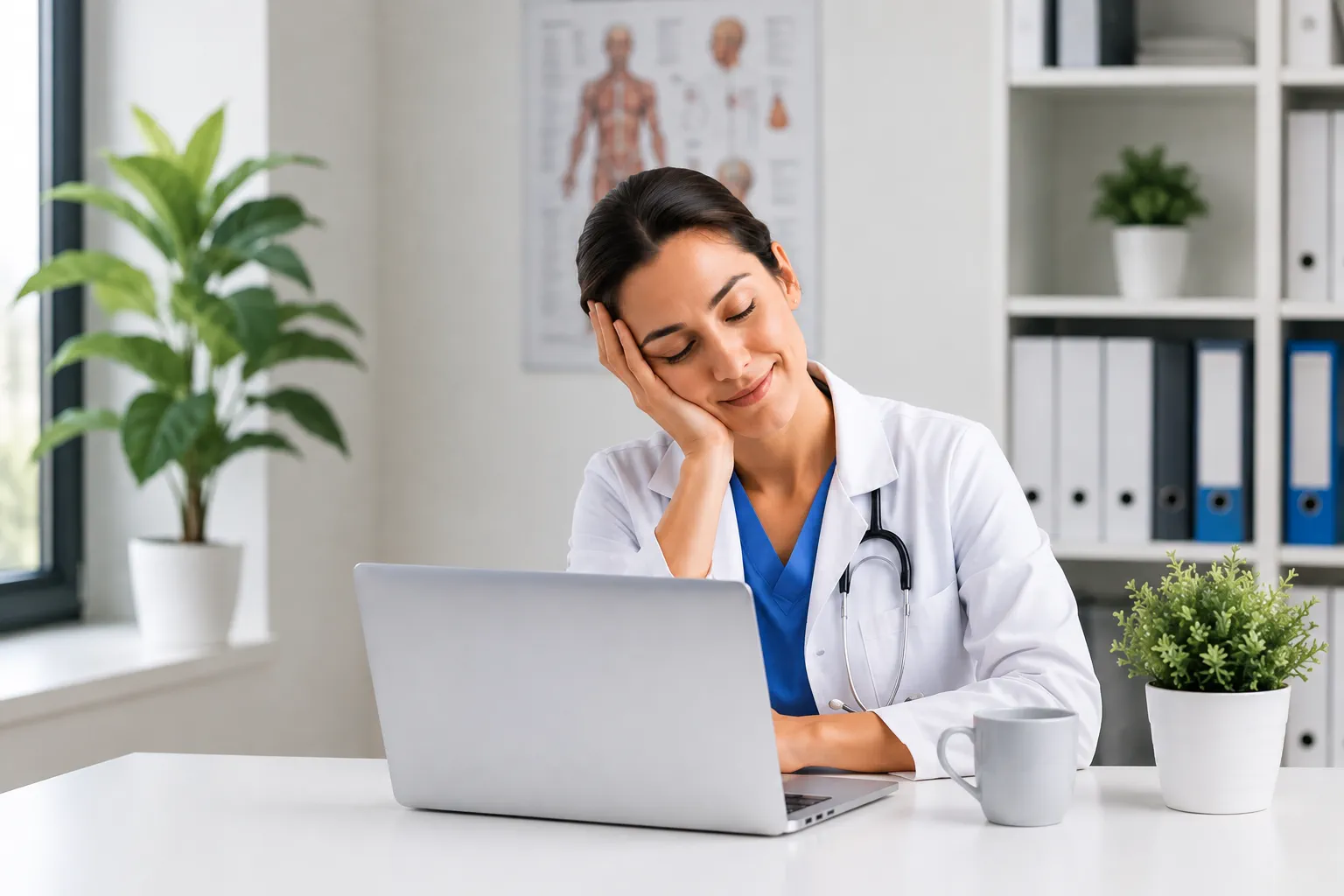 Clinician resting at laptop, keyboard free